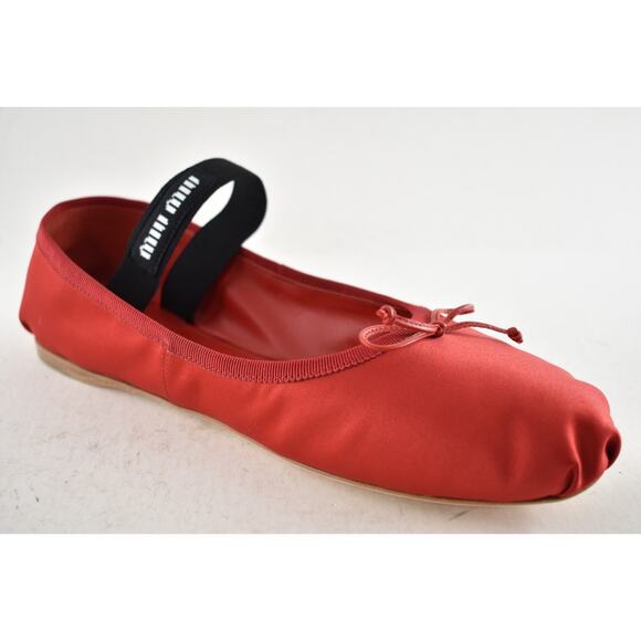 Miu Miu Satin Rosso Red Black White Logo Strap Bow Ballet Ballerina Flats 39 - Picture 6 of 16